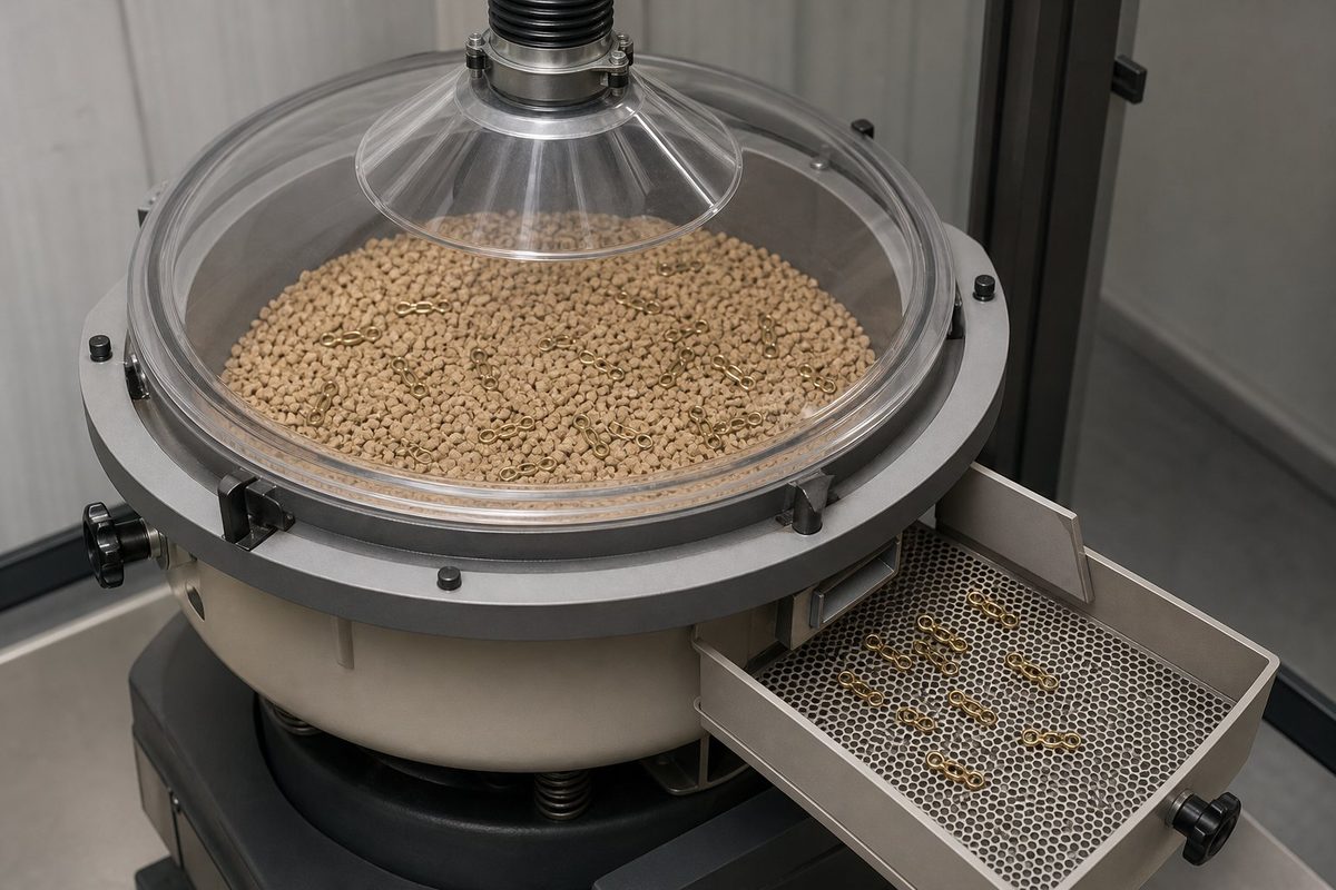 Enclosed dry finishing bowl processing brass links with dry granulate.