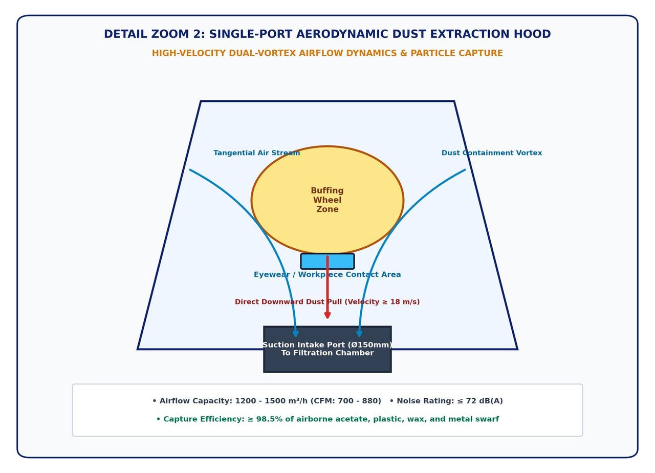 Figure 3 - Single-port aerodynamic extraction hood, dual-vortex airflow and particle capture dynamics diagram